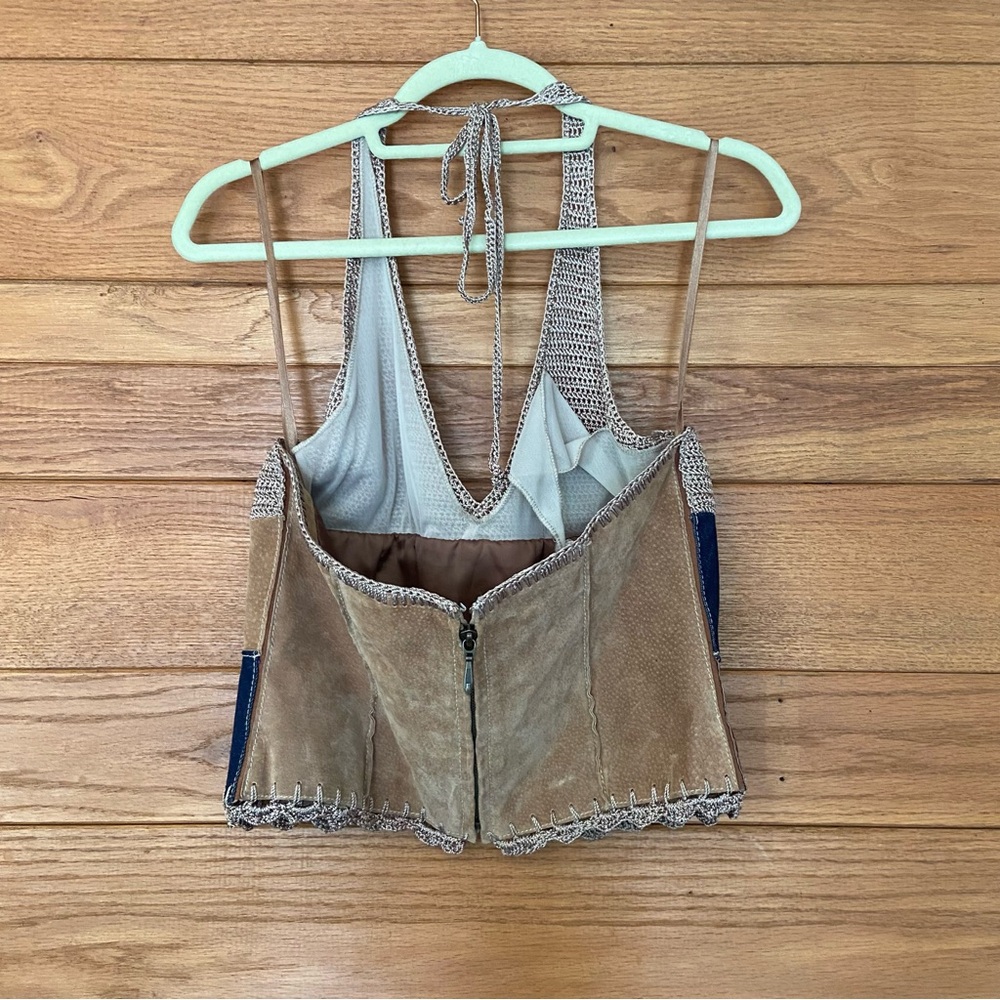 Y2K Wilson's Leather suede denim crochet patchwork halter top pants set - Picture 4 of 14